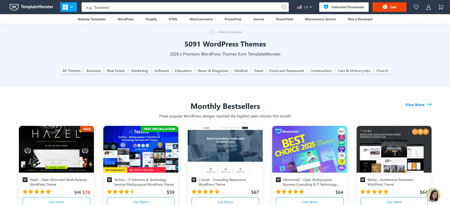 Выбор темы сайта на templatemonster.com