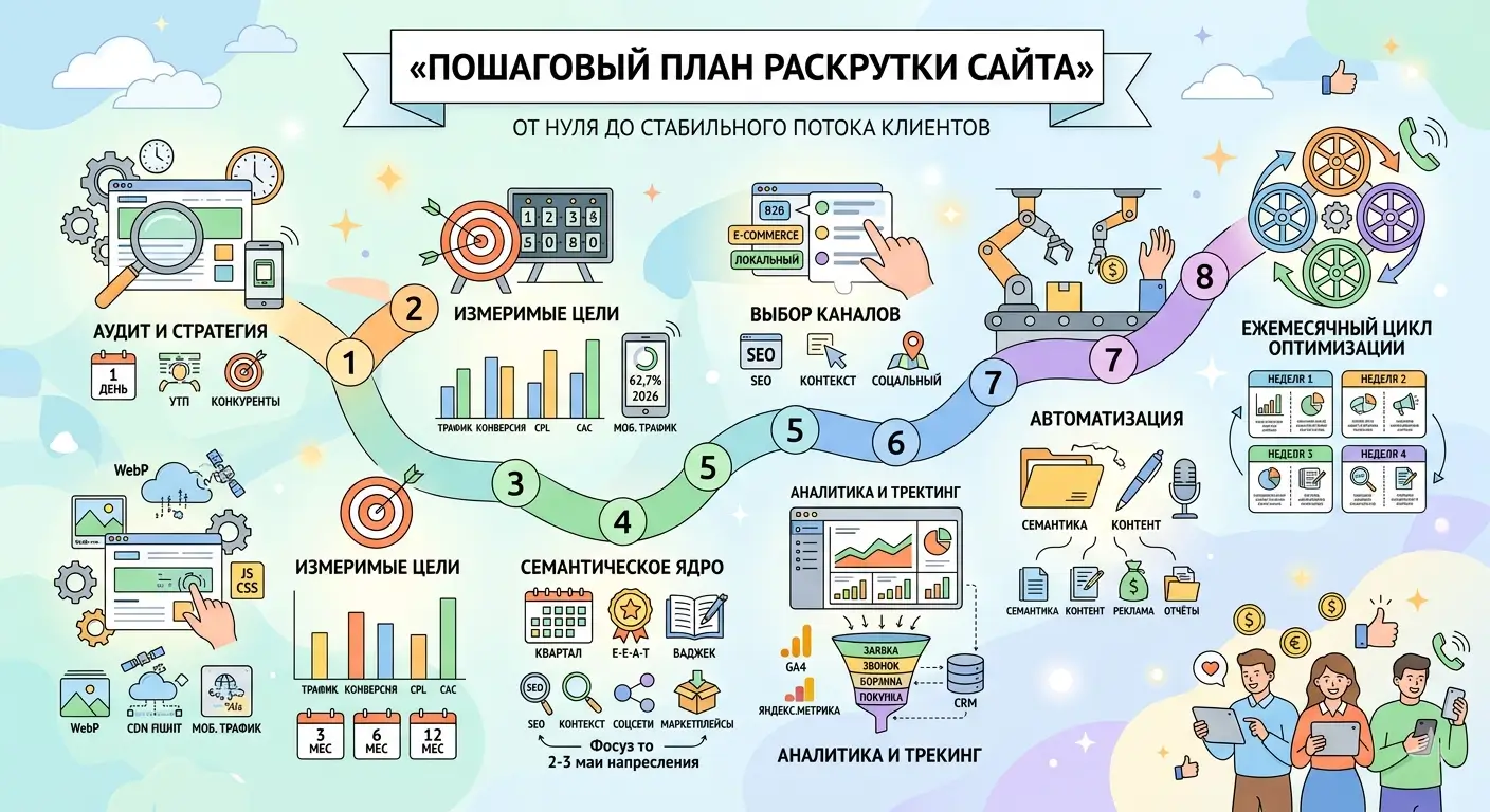 План раскрутки сайта: от нуля до стабильного потока клиентов