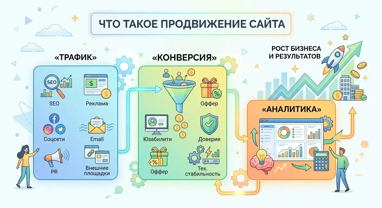 Как раскрутить сайт в 2026 году: бизнес-цели, инструменты, измеримый результат