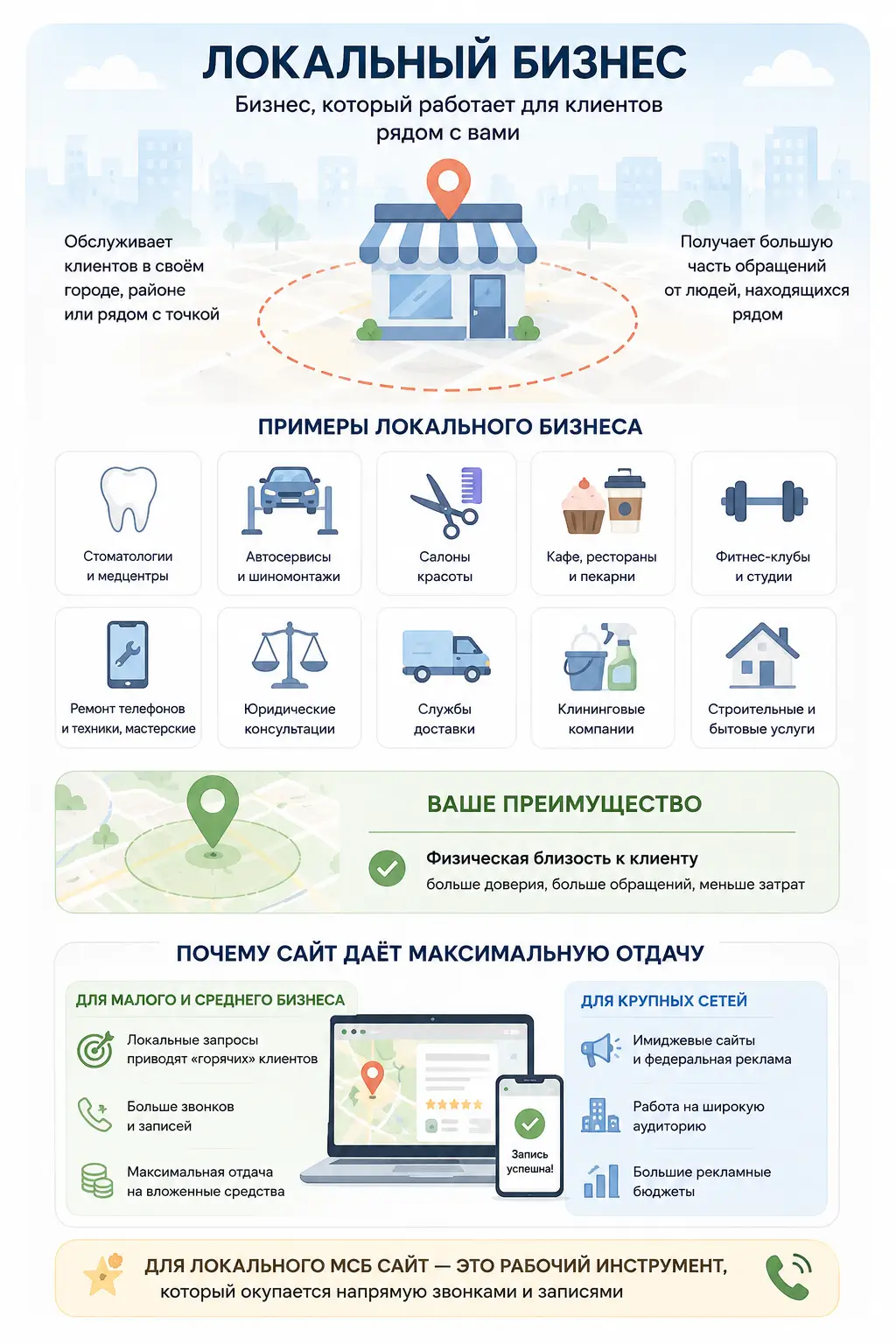 Локальный бизнес — это бизнес, который обслуживает клиентов в конкретном городе, районе или радиусе от своей точки, и получает большую часть обращений от людей, находящихся рядом Локальный бизнес — это бизнес, который обслуживает клиентов в конкретном городе, районе или радиусе от своей точки, и получает большую часть обращений от людей, находящихся рядом