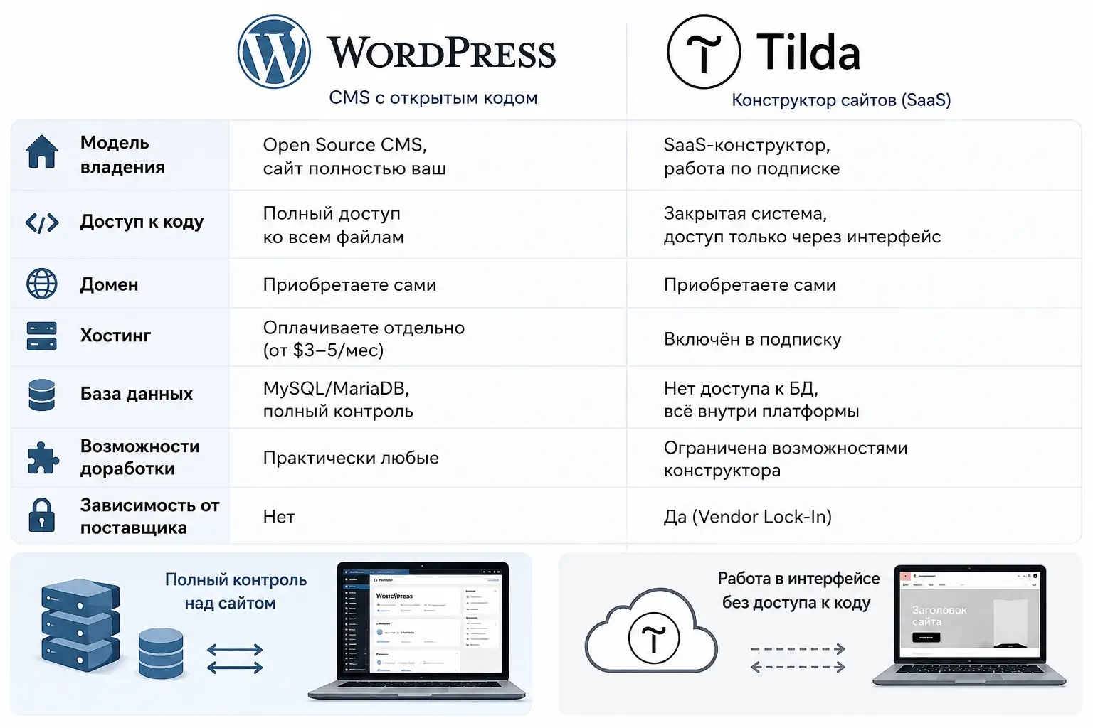 WordPress — это система управления контентом (CMS) с открытым исходным кодом. Tilda — конструктор сайтов, работающий по модели SaaS (программное обеспечение как услуга) WordPress — это система управления контентом (CMS) с открытым исходным кодом. Tilda — конструктор сайтов, работающий по модели SaaS (программное обеспечение как услуга)
